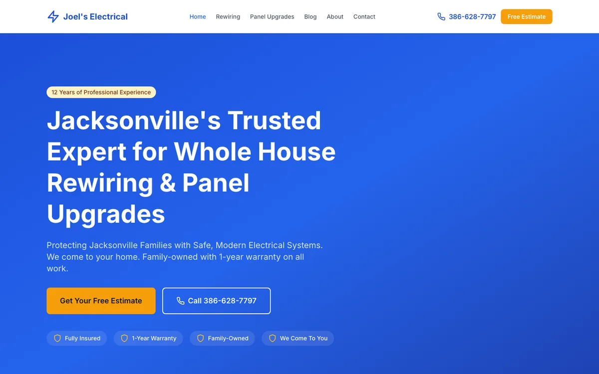 Screenshot of the Joel's Electrical website